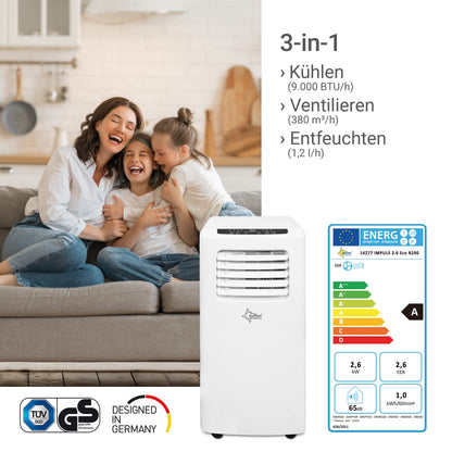 SUNTEC Mobiles Klimagerät Impuls 2.6 Eco R290 – Klimaanlage mobil und leise mit Abluftschlauch – Kühler & Entfeuchter für Räume bis 34 qm – Mobile Kühlung für Wohnung & Büro – 9.000 BTU | 2600 Watt