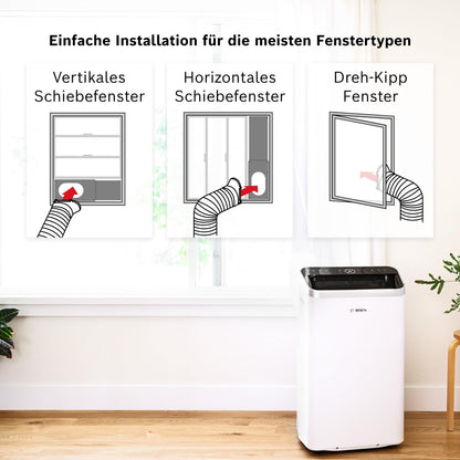 Bosch Cool 4000 Mobiles Klimagerät - 3-in-1 Klimaanlage, Luftentfeuchter, Ventilator - 2,6 kW für Räume bis zu 35m² - Mit Auto-Modus, Silent-Modus Sleep-Modus